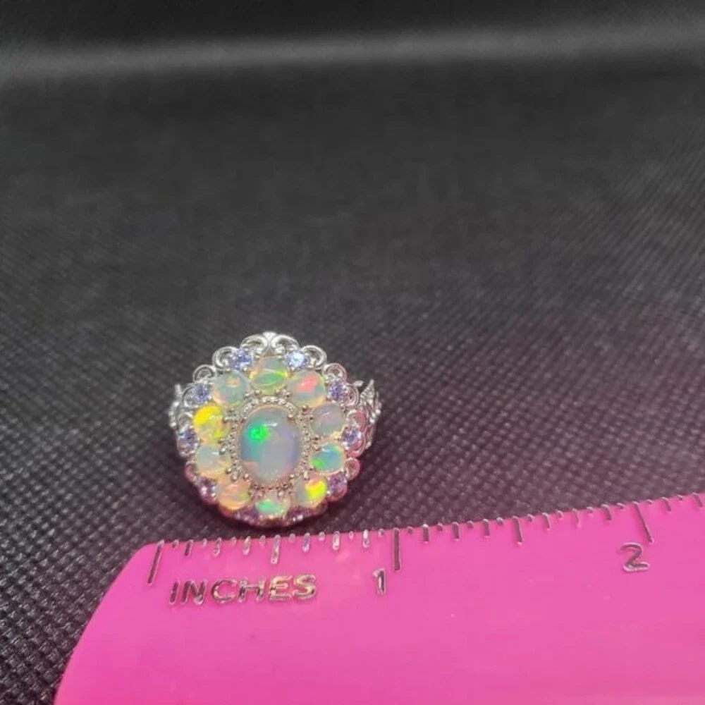 Snow-in-summer Floral Cluster Opal & Tanzanite Sterling Silver Ring